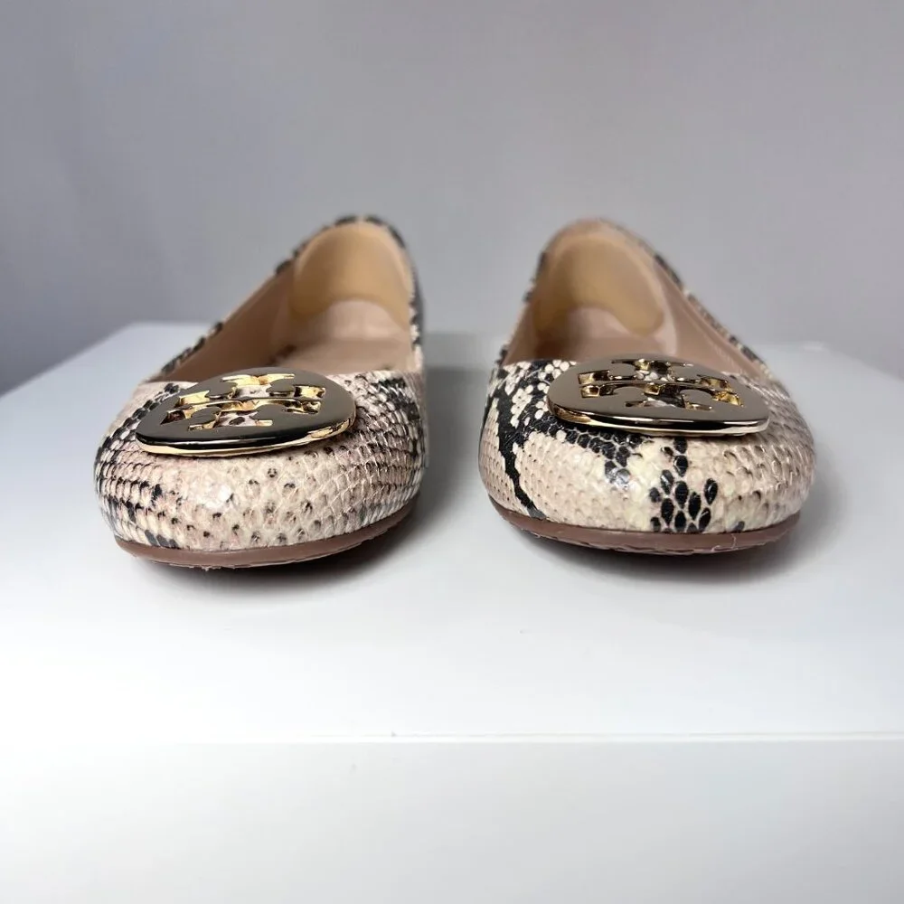 TORY BURCH Reva Ballet Roccia Python Flats with Metal Logo 7.5